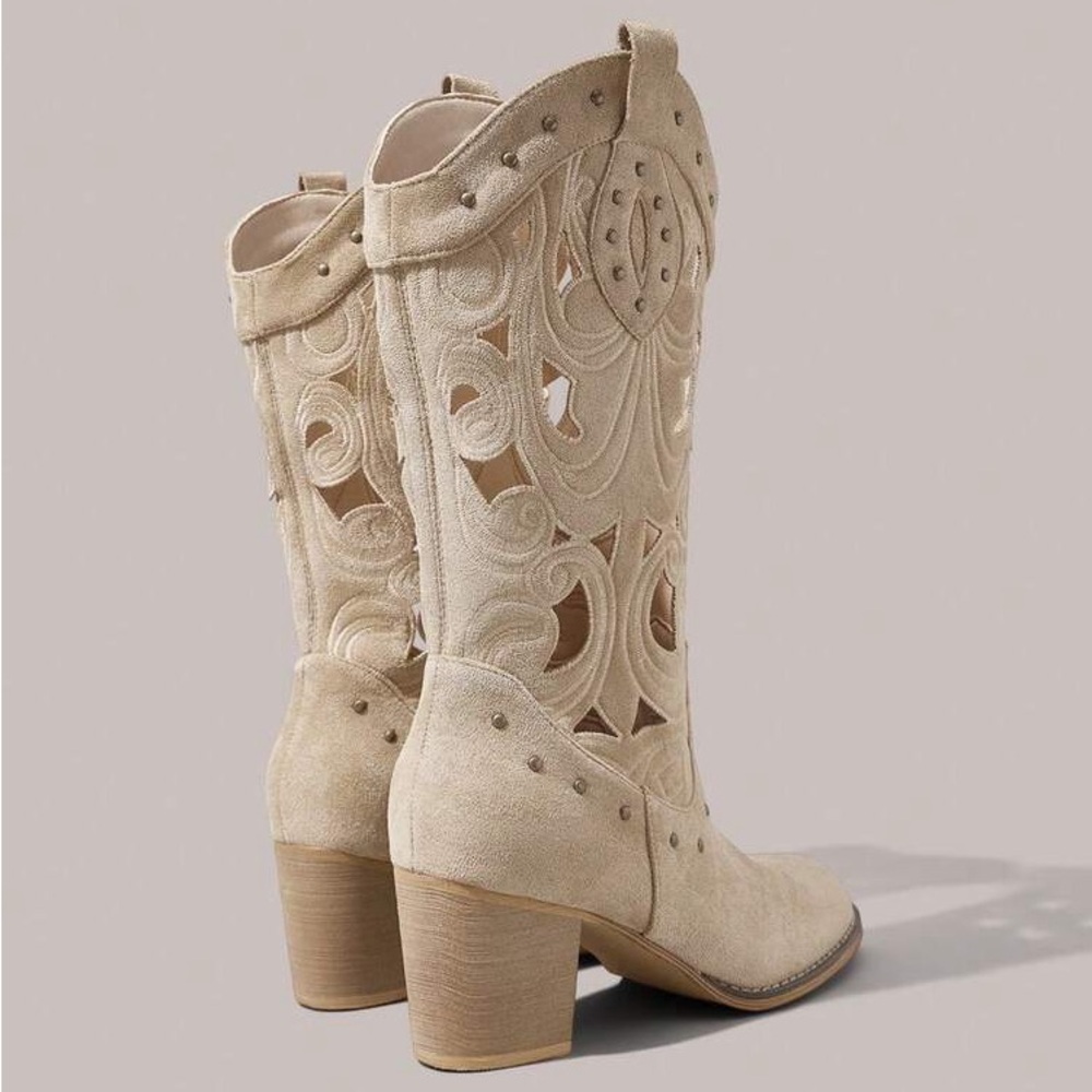 New Studded Lace Hollow Out Beige Velveteen Western Heeled Boots 6.5 37 - Picture 3 of 7